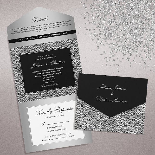 Invitación Todo En Uno Lujo Chic Plata Negro Boda (Subido por el creador)