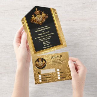 Invitación Todo En Uno Lujo de elefantes adamascados de oro negro boda