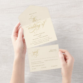 Invitación Todo En Uno Lujo elegante caligrafía crema y Boda de oro