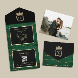 Invitación Todo En Uno Lujo Esmeralda Negro Oro Monograma Foto Boda