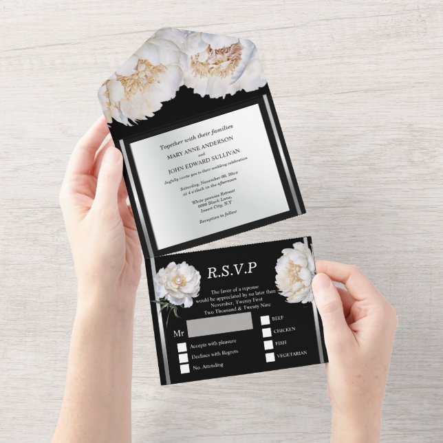 Invitación Todo En Uno Lujoso boda de flores floridas de plata negra (desgarro)