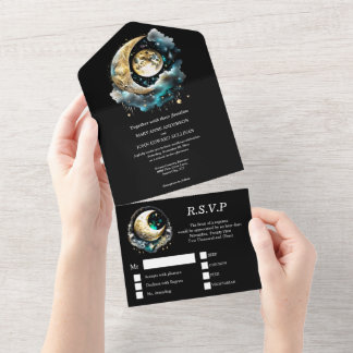 Invitación Todo En Uno Luna celeste noche estrellada cielo azul negro ver