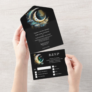 Invitación Todo En Uno Luna celestial mística estrellada noche azul negro