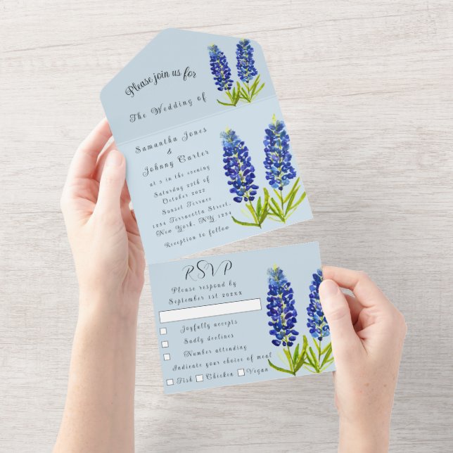Invitación Todo En Uno Lupino de Texas Acuarela Boda Bluebonnets (desgarro)