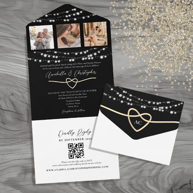 Invitación Todo En Uno Luz de cadena blanca y negra Código QR Boda (Subido por el creador)