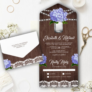Invitación Todo En Uno Madera Rústica Hortensia Púrpura en Tarro de Mason