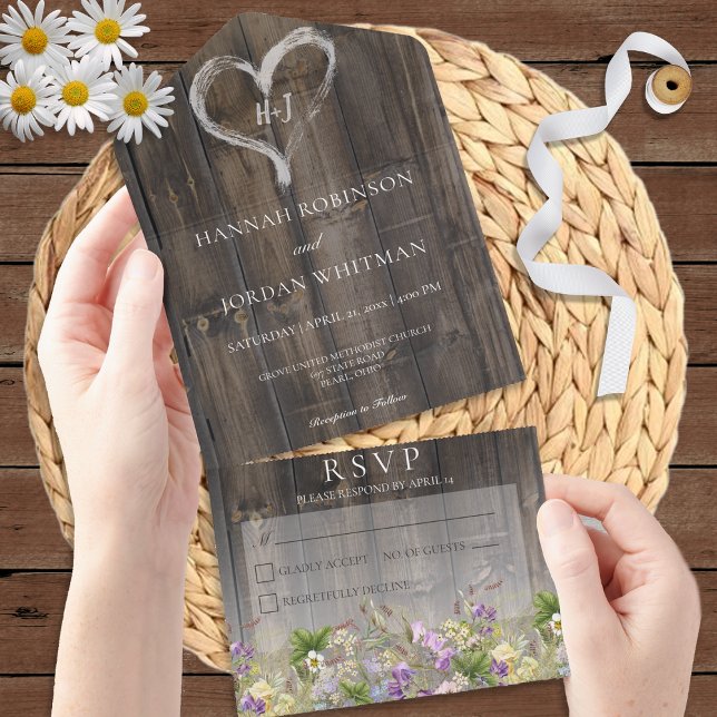 Invitación Todo En Uno Madera rústica y flores silvestres sin cena (Subido por el creador)