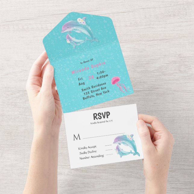 Invitación Todo En Uno Madre y delfines bebé Niña Fiesta de bebé (desgarro)