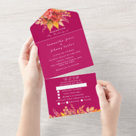 Invitación Todo En Uno Magenta Rosa Fuchsia Fall Floral Elegante Boda