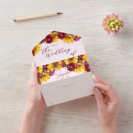 Invitación Todo En Uno Magenta y amarillo dorado todo en un Boda