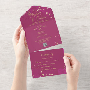 Invitación Todo En Uno Magenta y Boda de oro con código QR RSVP