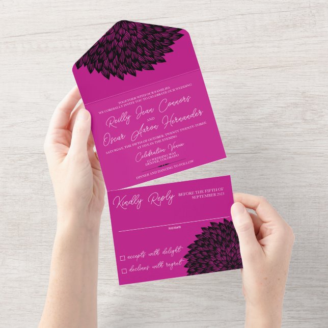 Invitación Todo en Uno Magenta y Negro (desgarro)