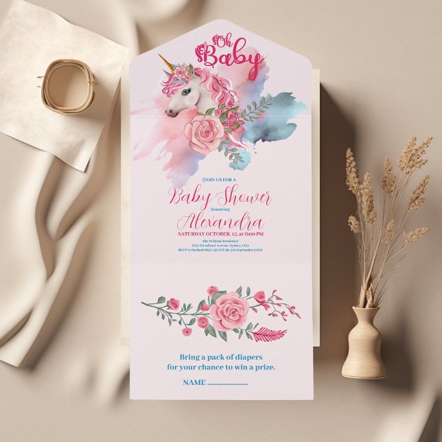 Invitación Todo En Uno Magnífico unicornio Rainbow Baby Shower (Subido por el creador)