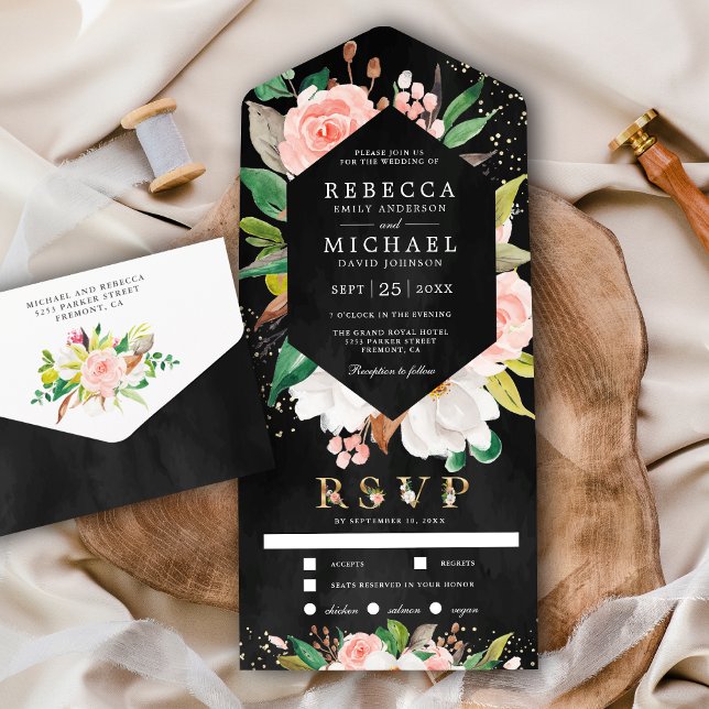 Invitación Todo En Uno Magnolia blanca Rubor Boda negro con flores rosada (Subido por el creador)
