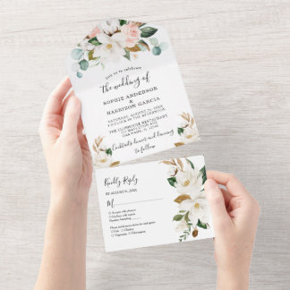 Invitación Todo En Uno Magnolia Blanca Y Boda Floral De Oro Rosa Rubor