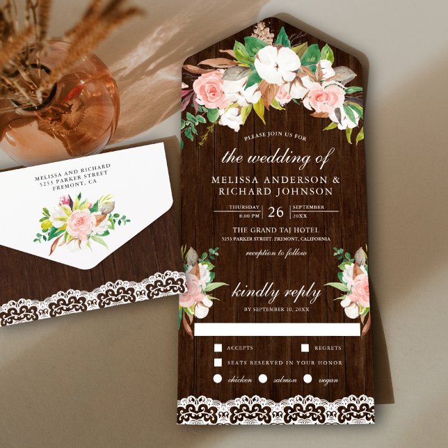 Invitación Todo En Uno Magnolia Cotton Rubor Boda de Madera Floral Rosa (Subido por el creador)