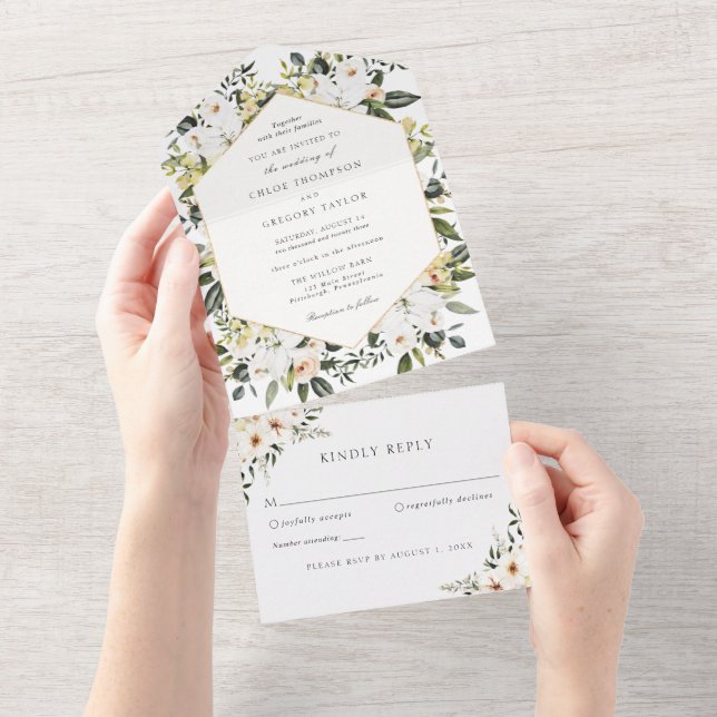 Invitación Todo En Uno Magnolia floral elegante y Boda de la vegetación (desgarro)