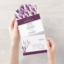 Invitación Todo En Uno Magnolia Pastel Paleta Violeta Púrpura Acuarela