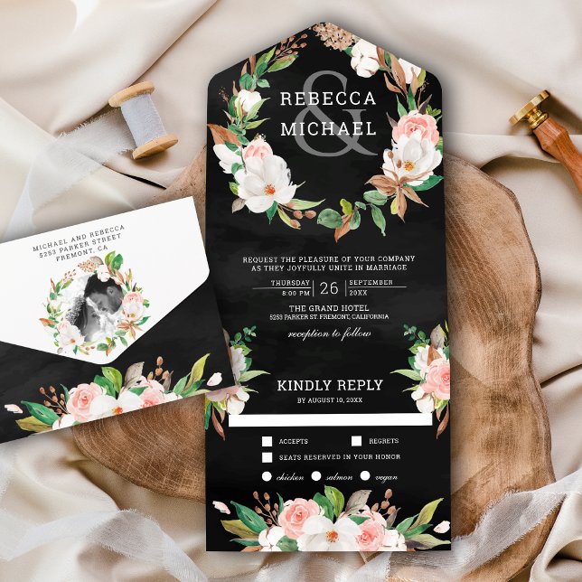 Invitación Todo En Uno Magnolia Rubor Pink Floral Wreath Black Boda (Subido por el creador)