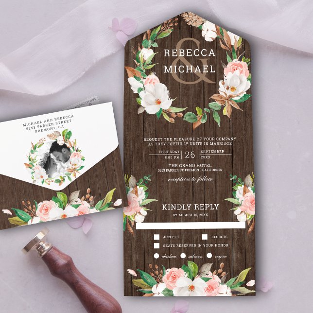 Invitación Todo En Uno Magnolia Rubor Pink Floral Wreath Boda (Subido por el creador)