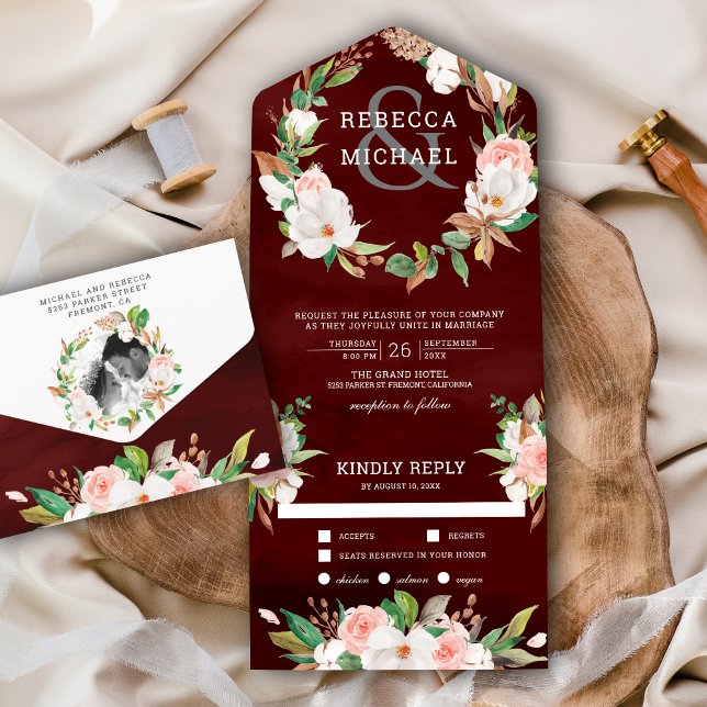 Invitación Todo En Uno Magnolia Rubor Pink Floral Wreath Burgundy Boda (Subido por el creador)