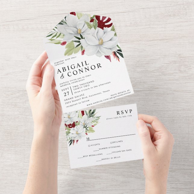 Invitación Todo En Uno Magnolia tropical Verde Blanco Rojo (desgarro)