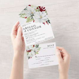 Invitación Todo En Uno Magnolia tropical Verde Blanco Rojo