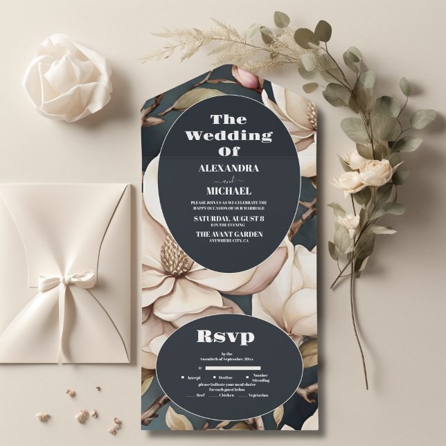 Invitación Todo En Uno Magnolias rosas elegantes y vegetación (Subido por el creador)