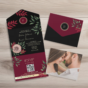 Invitación Todo En Uno Malhumor Floral Borgoña Boda Negro