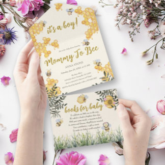 Invitación Todo En Uno Mamá chico se va a convertir en Baby Shower de Hon