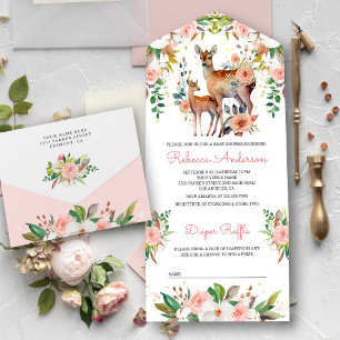 Invitación Todo En Uno Mamá y Ciervo Floral del Bebe Shower de Bienvenida