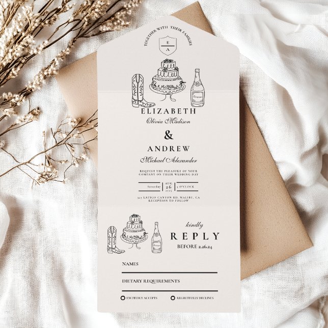 Invitación Todo En Uno Mano blanca negra dibujó Boda de doodle occidental (Subido por el creador)