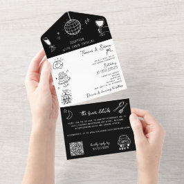 Invitación Todo En Uno Mano de perro dibujada todo en un código QR blanco