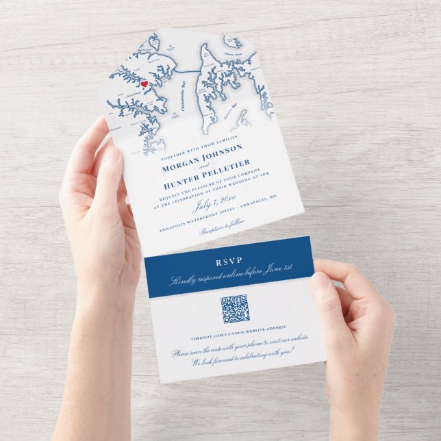 Invitación Todo En Uno Mapa de Annapolis Maryland Boda elegante (desgarro)