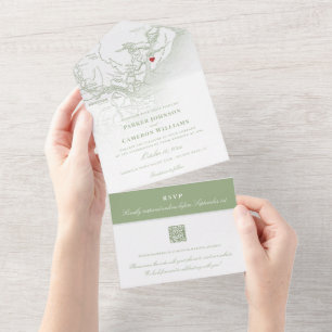 Invitación Todo En Uno Mapa de Hilton Head SC Elegante Verde Sage Bodas
