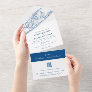 Invitación Todo En Uno Mapa de Montauk de Hamptons Boda elegante de códig