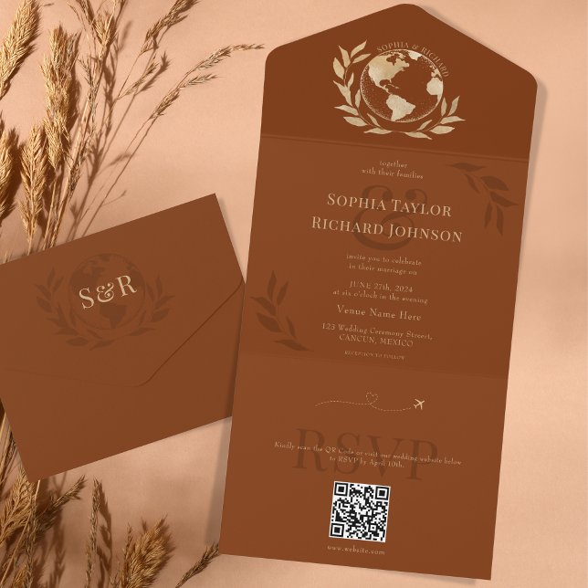 Invitación Todo En Uno Mapa Mundial Boho Naranja Quemado Boda de Destino (Subido por el creador)