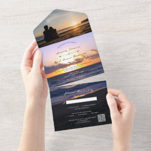 Invitación Todo En Uno Mar de Amor   Beach Sunset + su Boda fotográfico