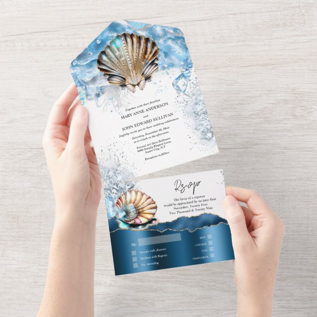 Invitación Todo En Uno Maravillas náuticas olas oceánicas oro blanco azul (desgarro)