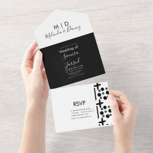 Invitación Todo En Uno Marcas Africanas Boda Dibujada a Mano Blanco Negro