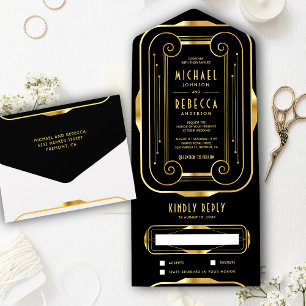 Invitación Todo En Uno Marco Antiguo Boda Art Déco Negro y Hoja de Oro