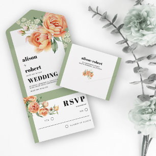 Invitación Todo En Uno Marco con rosa de melocotón boda verde