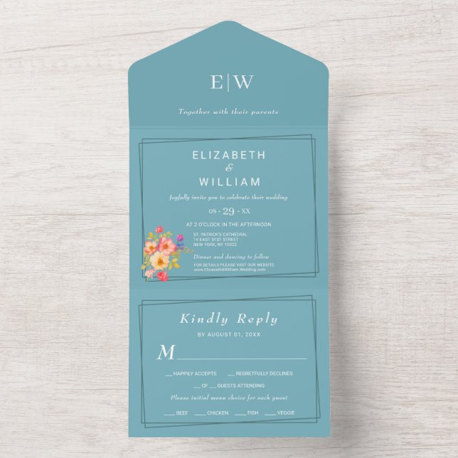 Invitación Todo En Uno Marco con Rosas, estilo Boda en azul (Interior)