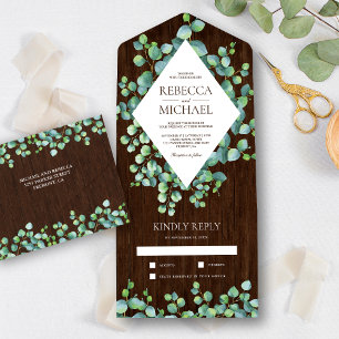 Invitación Todo En Uno Marco de diamante Eucalyptus deja Boda de madera d