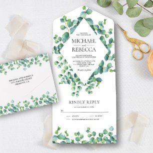 Invitación Todo En Uno Marco de Diamante Moderno Hojas de Eucalipto Boda