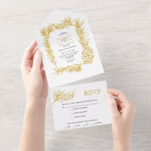 Invitación Todo En Uno Marco de pino dorado con boda de Navidades de invi
