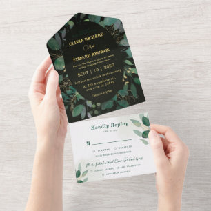 Invitación Todo En Uno Marco de vegetación con Rsvp dorado y boda negra