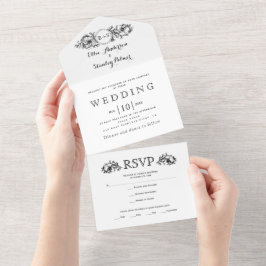 Invitación Todo En Uno Marco floral blanco y negro, boda de iniciales