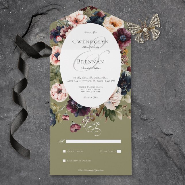 Invitación Todo En Uno Marco floral de óvalo verde oscuro sin cena (Dark Moody Green Oval Floral Frame No Dinner All In One Invitation)