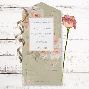 Invitación Todo En Uno Marco floral rosado y sabio rústico vintage sin ce